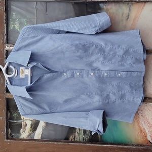 Talbots Petites Medium Blouse Button-up 3/4 Sleeve Whites Stripe on Blue